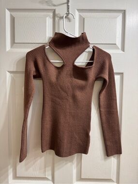 Hours Brown Ribbed Cutout Turtleneck Sweater